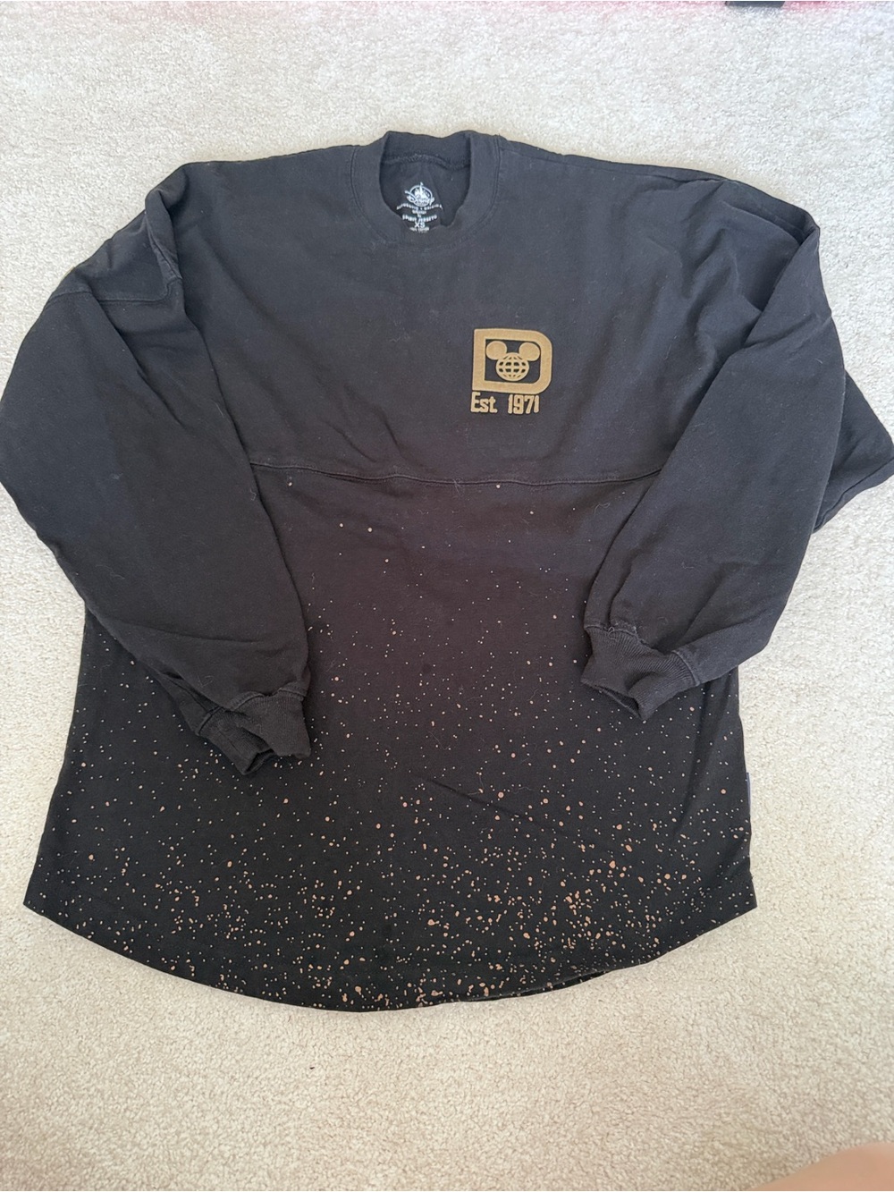 Disney Black Long Sleeve Tee with Gold Logo and Speckle Detail